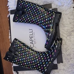 Capelli New York black shiny small multi polka dot tall rubber rain boot…10 NEW